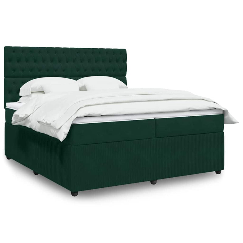 Pat box spring cu saltea, verde închis, 200x200 cm, catifea