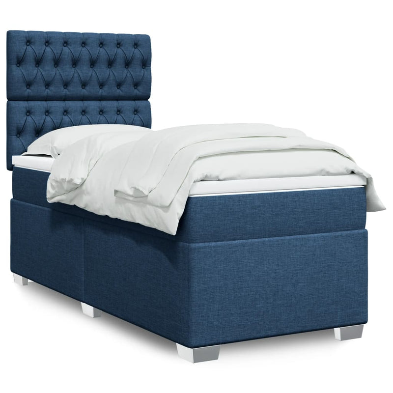 Pat box spring cu saltea, albastru, 90x190 cm, textil