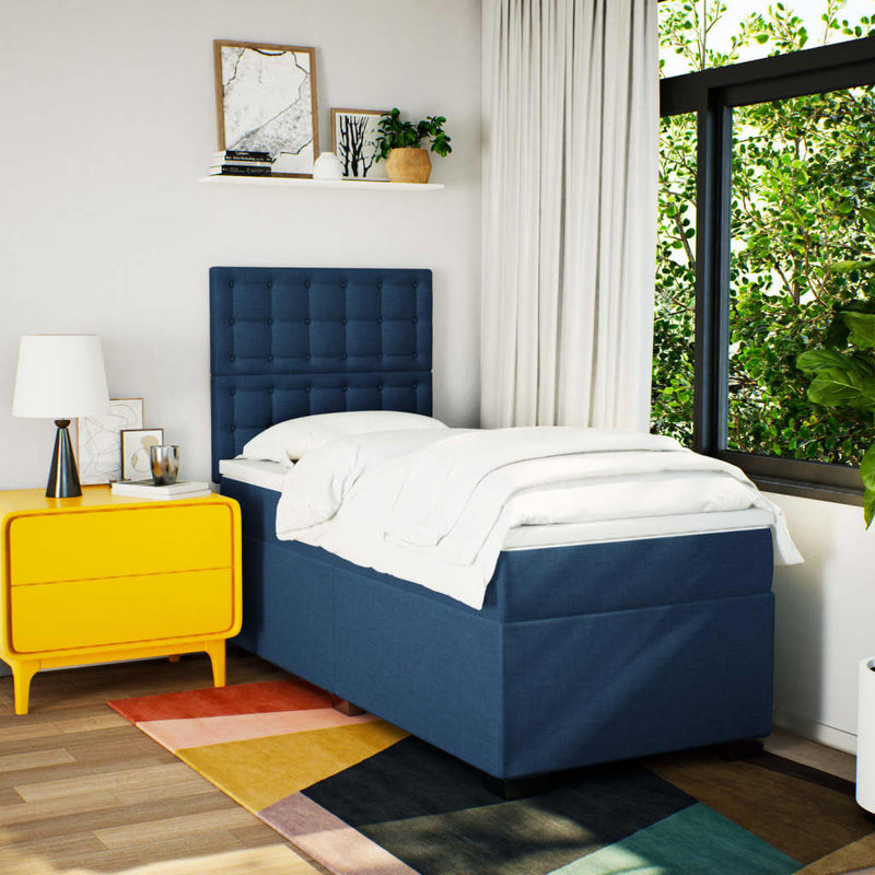 Pat box spring cu saltea, albastru, 90x190 cm, textil