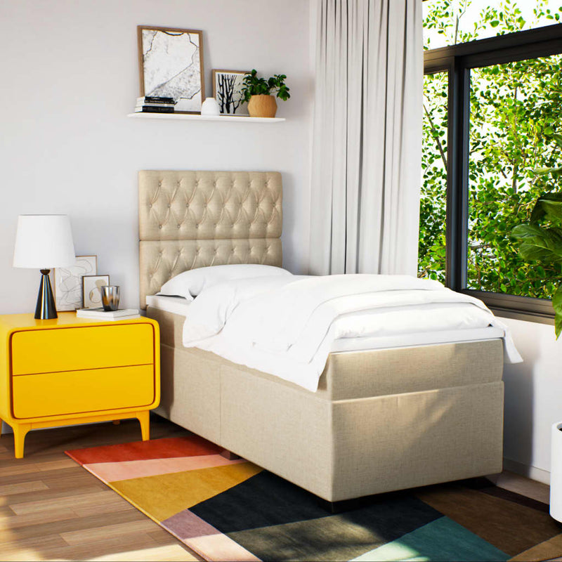 Pat box spring cu saltea, crem, 90x200 cm, textil