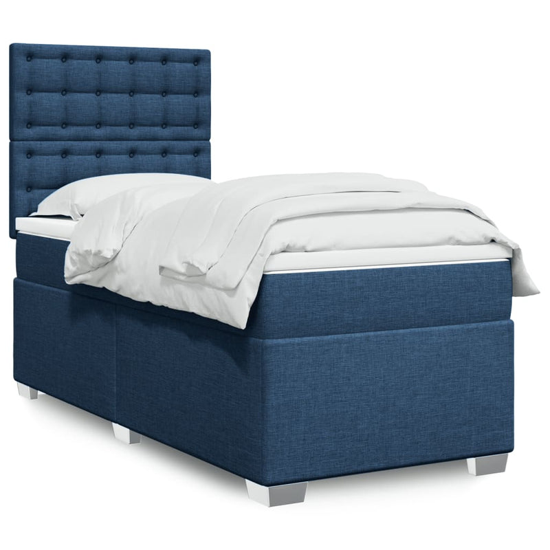 Pat box spring cu saltea, albastru, 90x200 cm, textil