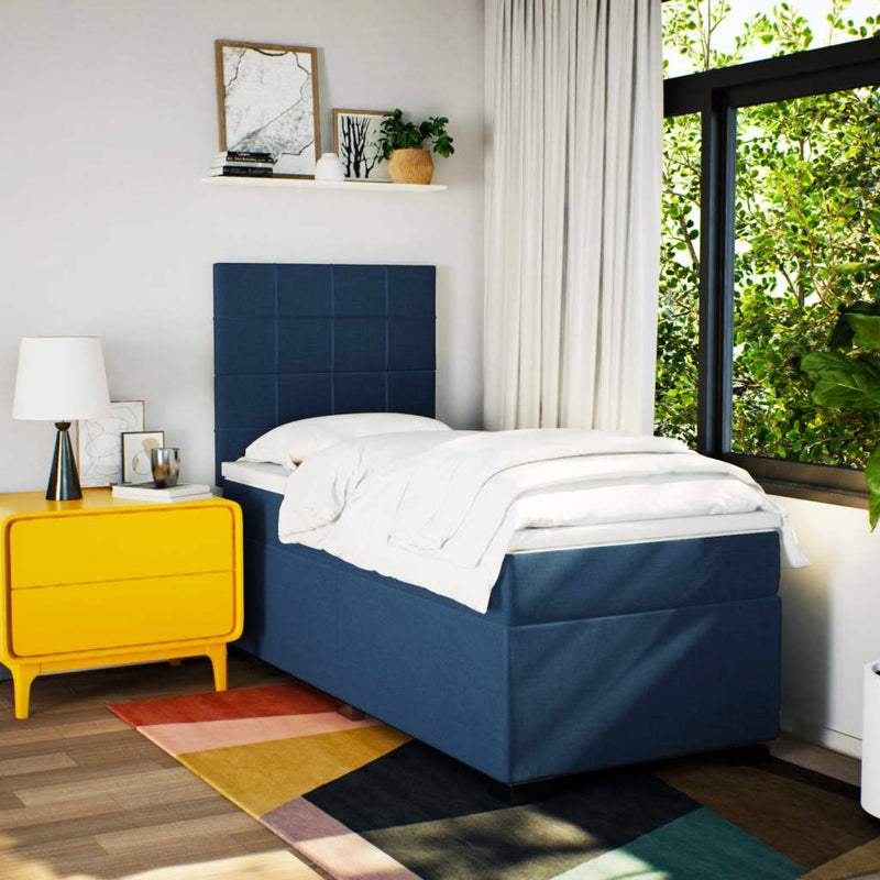 Pat box spring cu saltea, albastru, 100x200 cm, textil