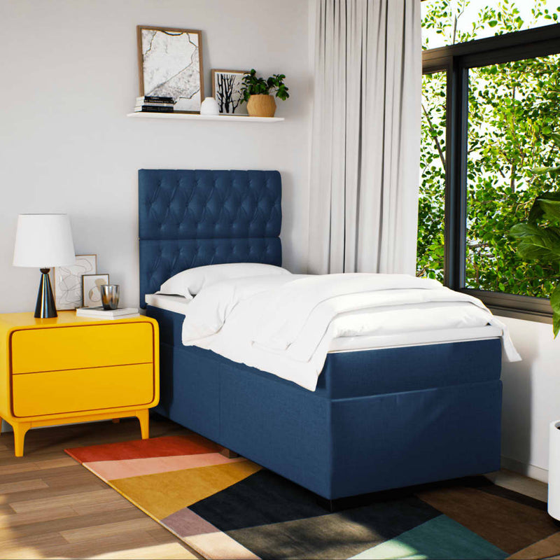 Pat box spring cu saltea, albastru, 100x200 cm, textil