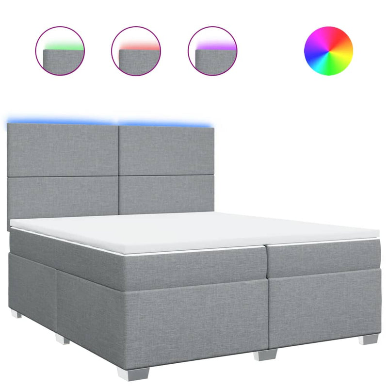 Pat box spring cu saltea, gri deschis, 200x200 cm, textil