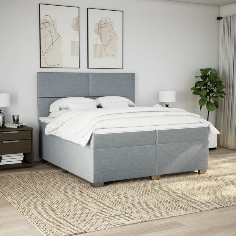 Pat box spring cu saltea, gri deschis, 200x200 cm, textil