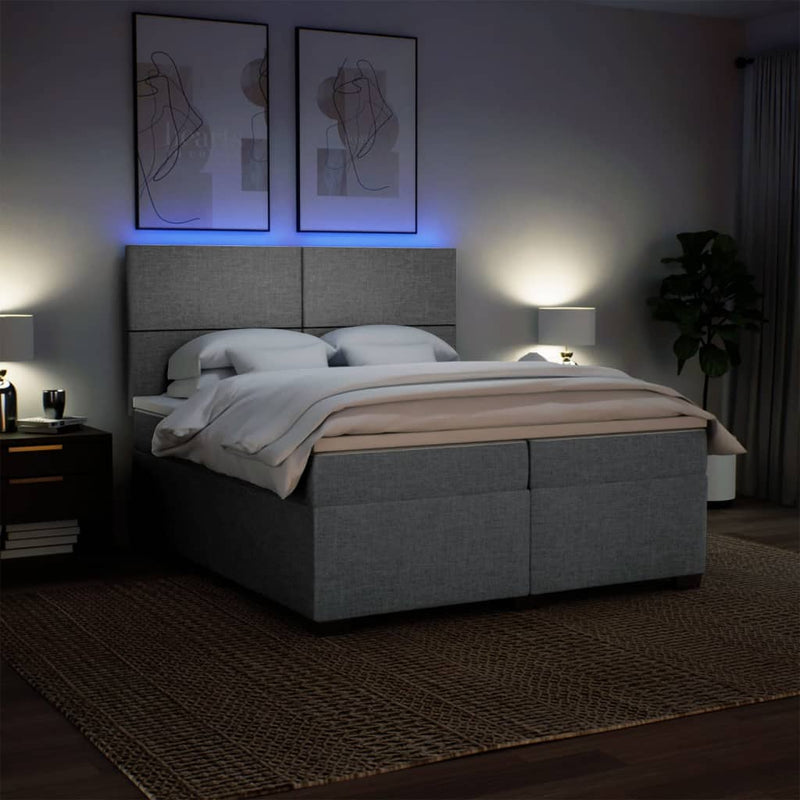 Pat box spring cu saltea, gri deschis, 200x200 cm, textil