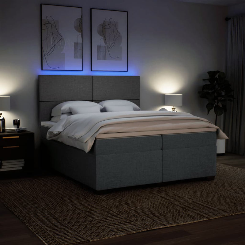Pat box spring cu saltea, gri închis, 200x200 cm, textil