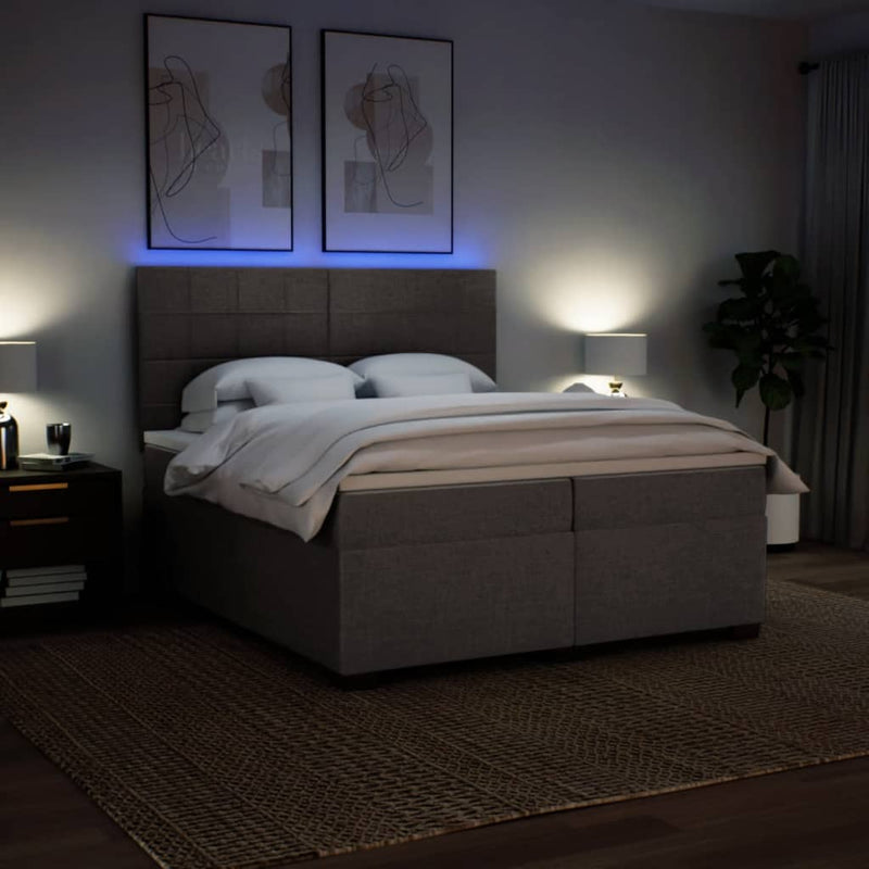 Pat box spring cu saltea, gri taupe, 200x200 cm, textil