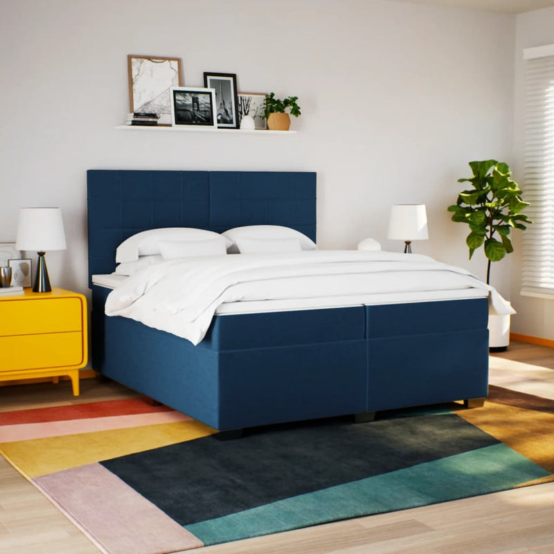 Pat box spring cu saltea, albastru, 200x200 cm, textil