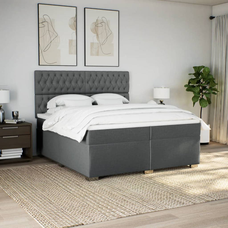 Pat box spring cu saltea, gri închis, 200x200 cm, textil