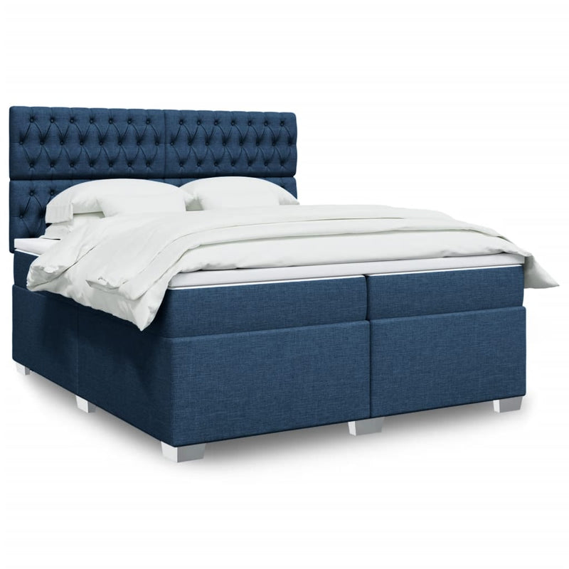 Pat box spring cu saltea, albastru, 200x200 cm, textil