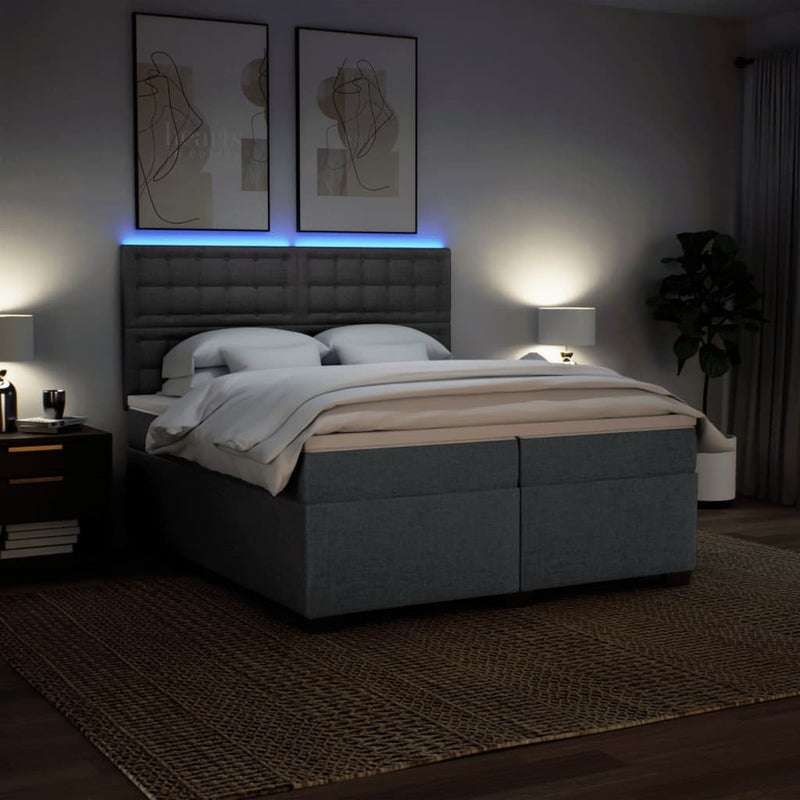 Pat box spring cu saltea, gri închis, 200x200 cm, textil