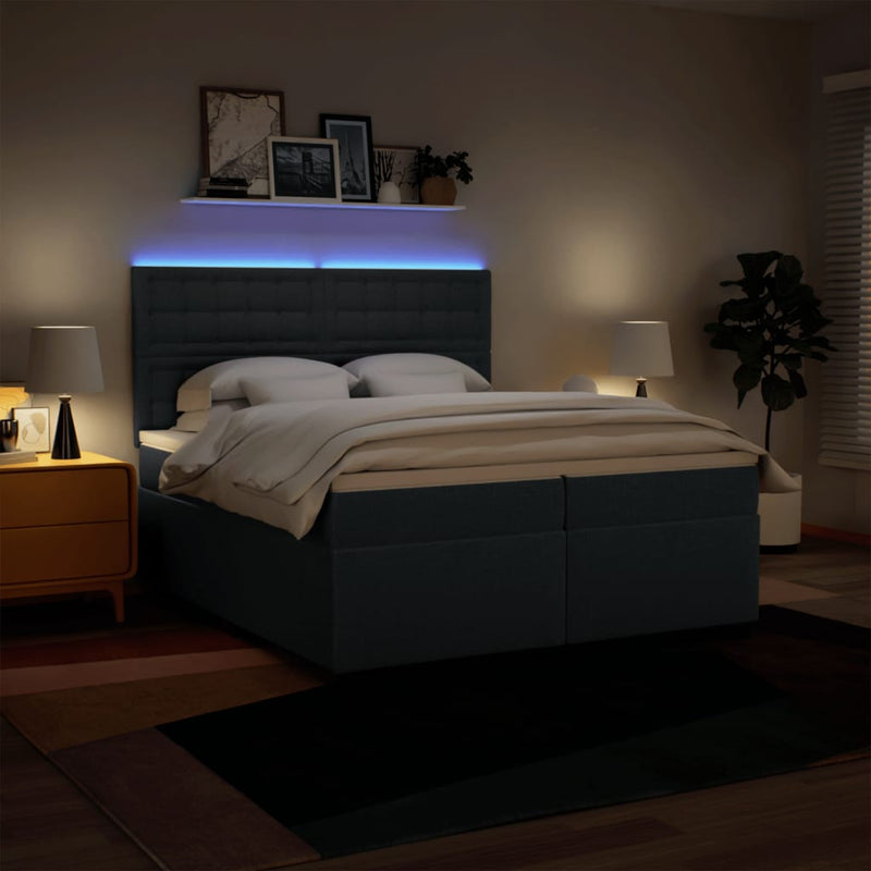 Pat box spring cu saltea, albastru, 200x200 cm, textil