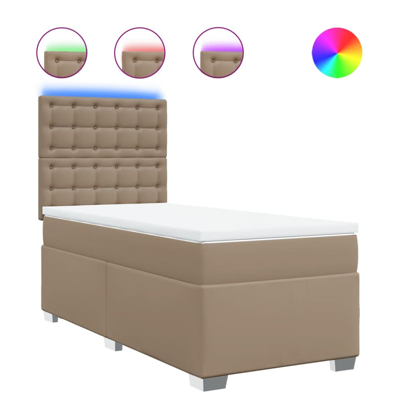 Pat box spring cu saltea, cappuccino, 80x200 cm piele ecologică