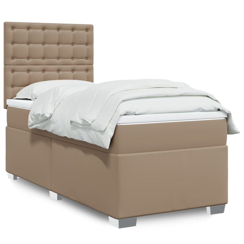 Pat box spring cu saltea, cappuccino, 90x190 cm piele ecologică