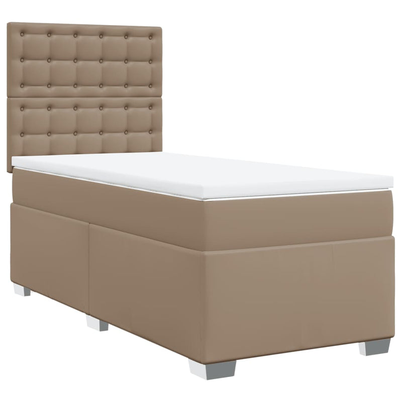 Pat box spring cu saltea, cappuccino, 90x200 cm piele ecologică