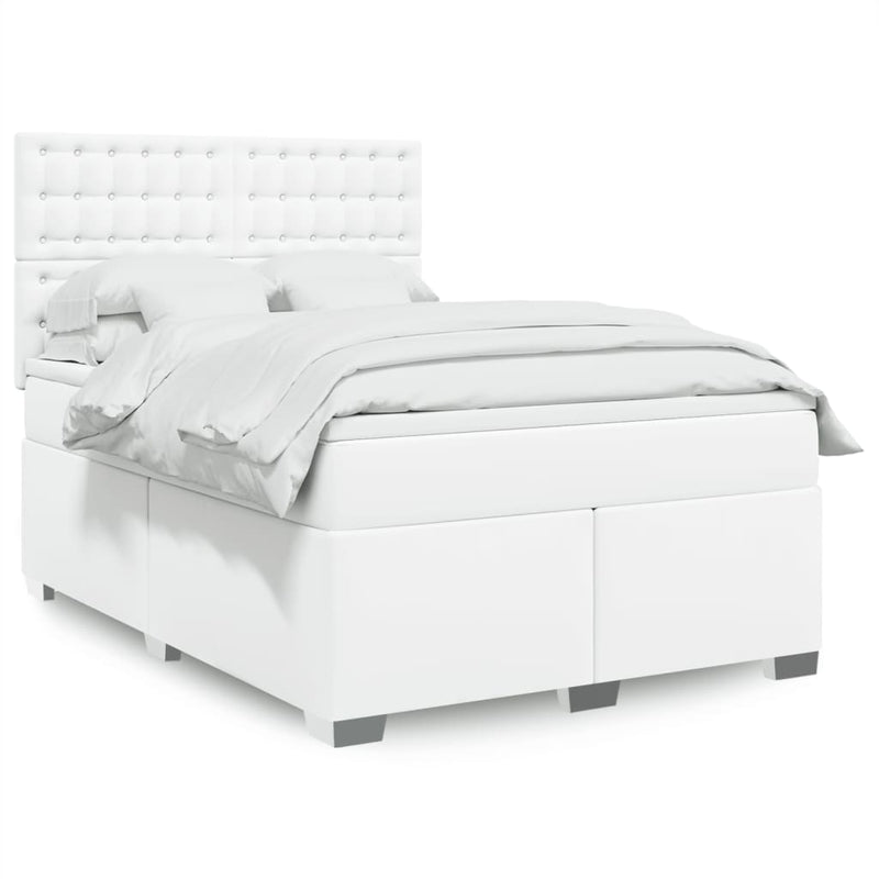 Pat box spring cu saltea, alb, 140x190 cm, piele ecologică