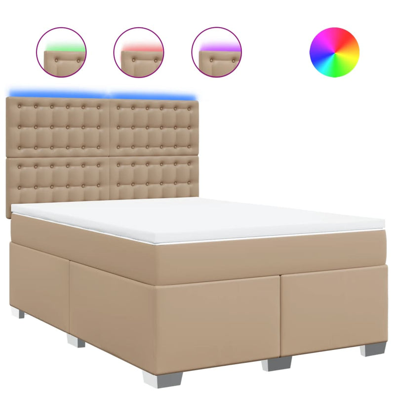 Pat box spring cu saltea, cappuccino, 140x190cm piele ecologică