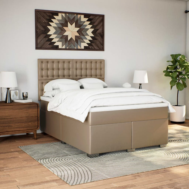 Pat box spring cu saltea, cappuccino, 140x190cm piele ecologică