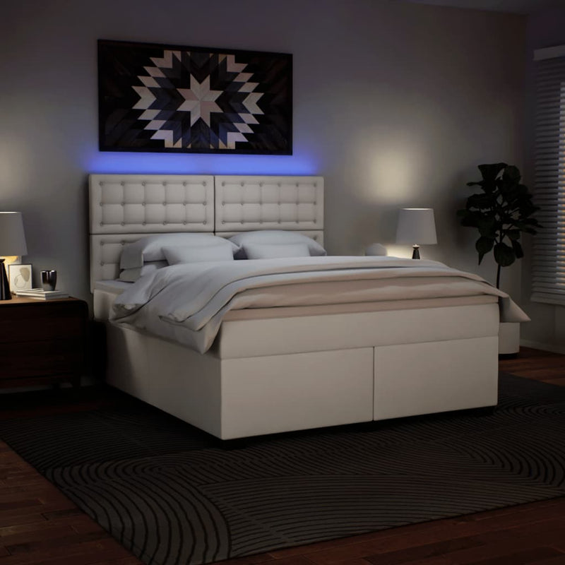 Pat box spring cu saltea, alb, 180x200 cm, piele ecologică