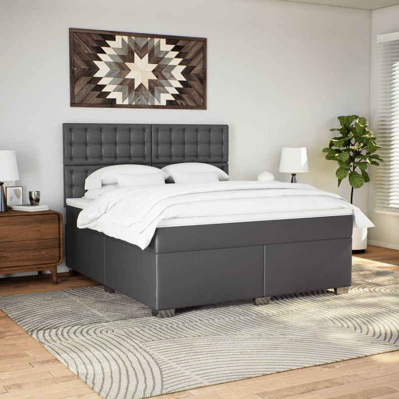 Pat box spring cu saltea, gri, 180x200 cm, piele ecologică