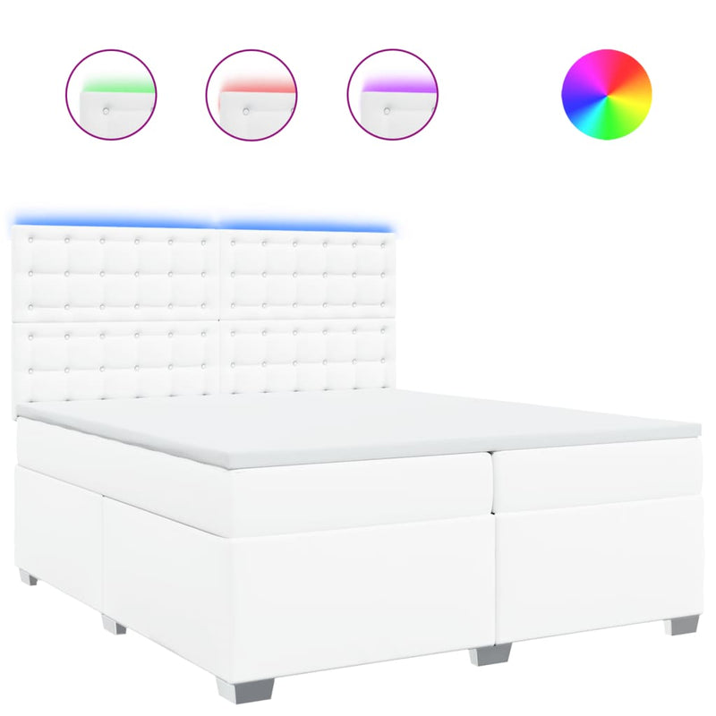 Pat box spring cu saltea, alb, 200x200 cm, piele ecologică