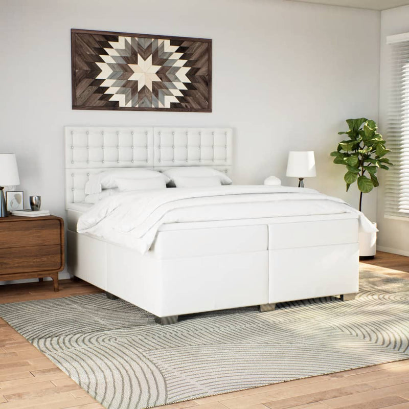 Pat box spring cu saltea, alb, 200x200 cm, piele ecologică