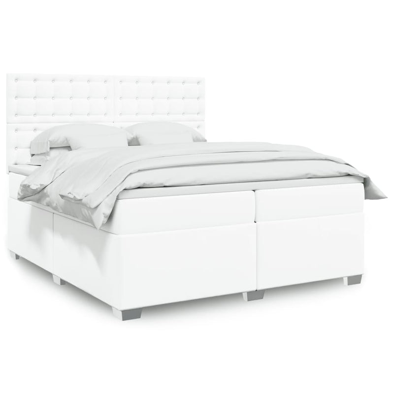 Pat box spring cu saltea, alb, 200x200 cm, piele ecologică