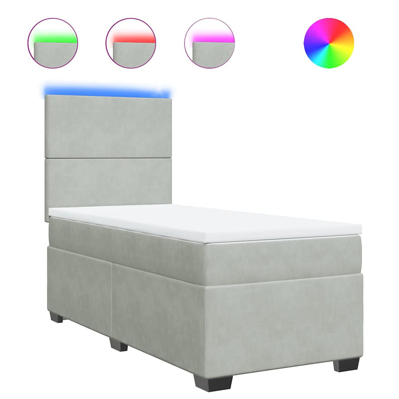Pat box spring cu saltea, gri deschis, 90x190 cm, catifea
