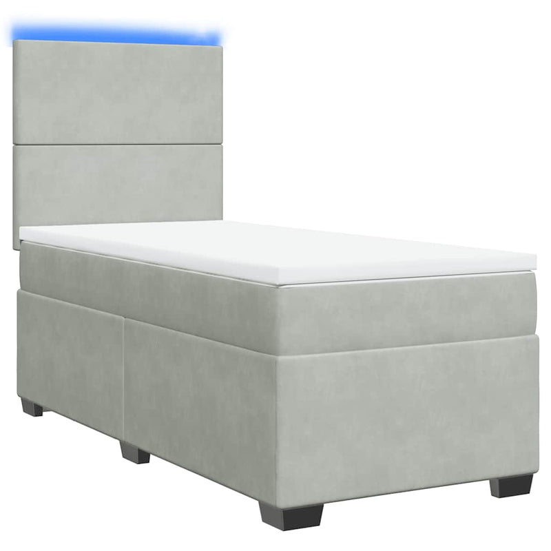 Pat box spring cu saltea, gri deschis, 90x190 cm, catifea