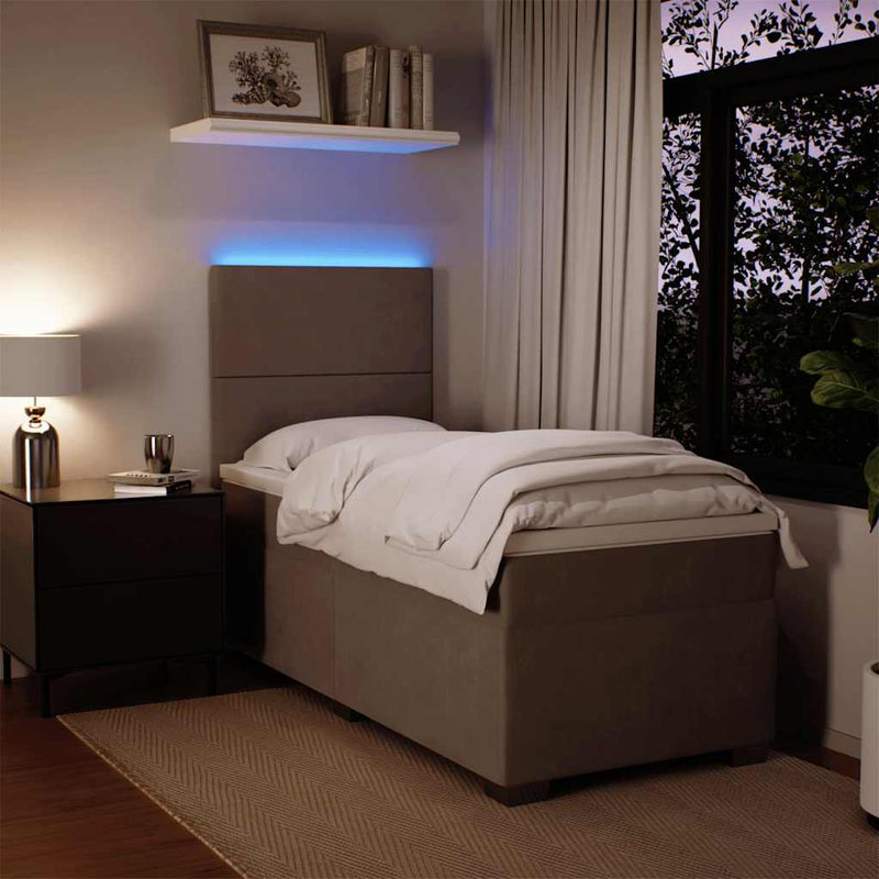 Pat box spring cu saltea, gri deschis, 90x190 cm, catifea