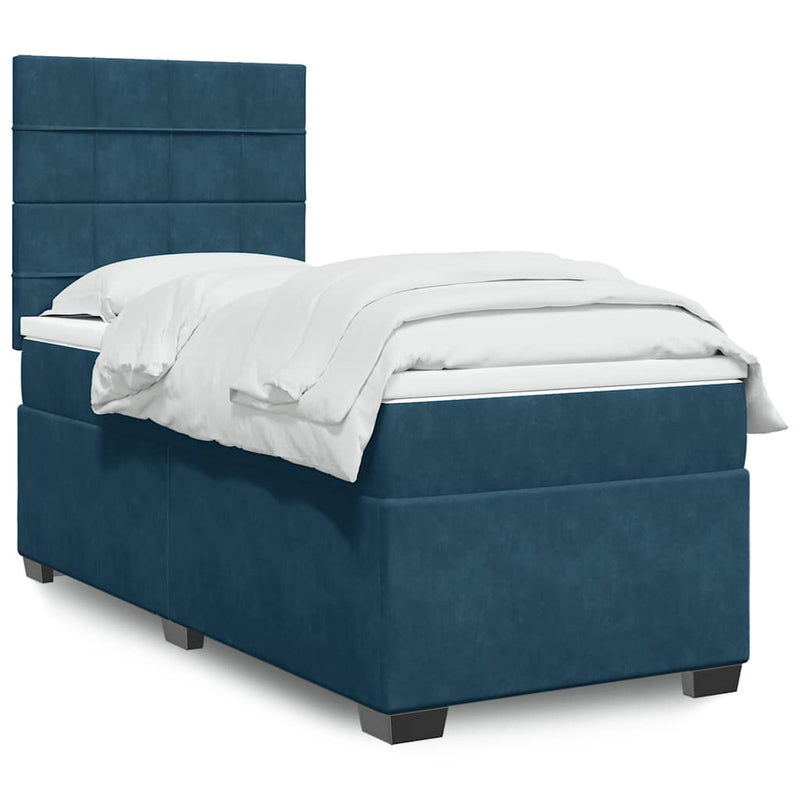 Pat box spring cu saltea, albastru, 90x190 cm, catifea