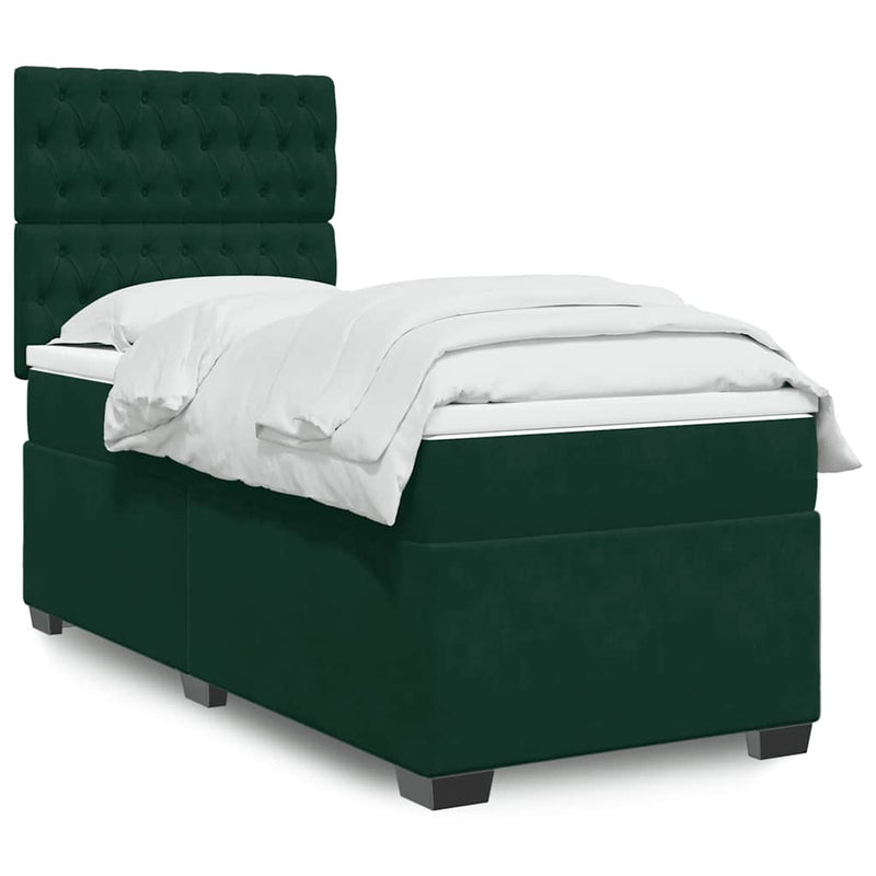 Pat box spring cu saltea, verde închis, 90x190 cm, catifea