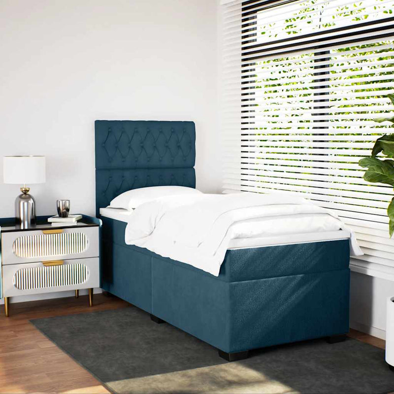 Pat box spring cu saltea, albastru, 90x190 cm, catifea