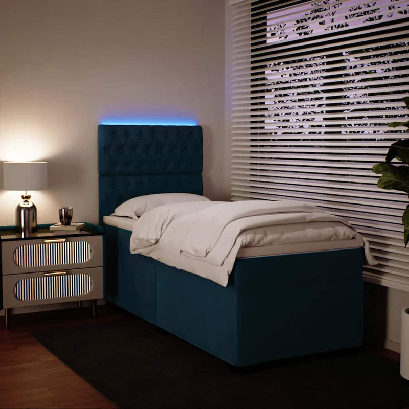 Pat box spring cu saltea, albastru, 90x190 cm, catifea