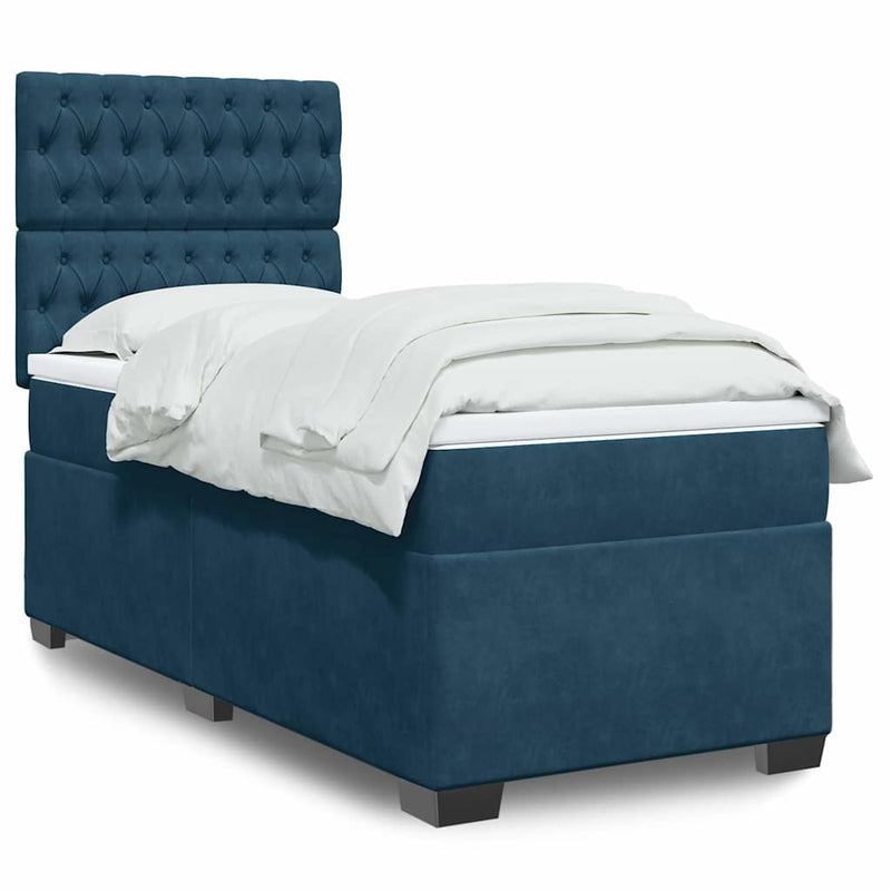 Pat box spring cu saltea, albastru, 90x190 cm, catifea