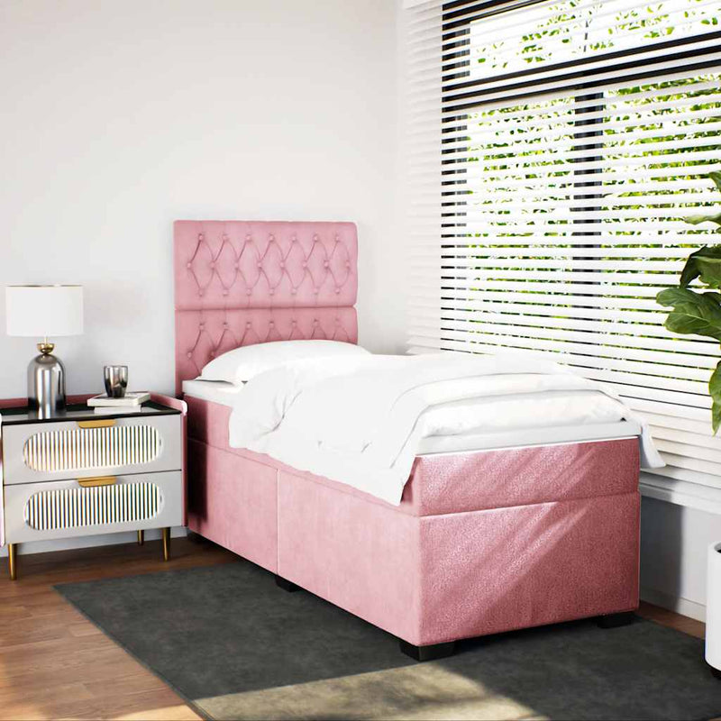 Pat box spring cu saltea, roz, 90x190 cm, catifea