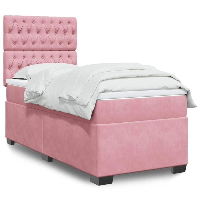 Pat box spring cu saltea, roz, 90x190 cm, catifea