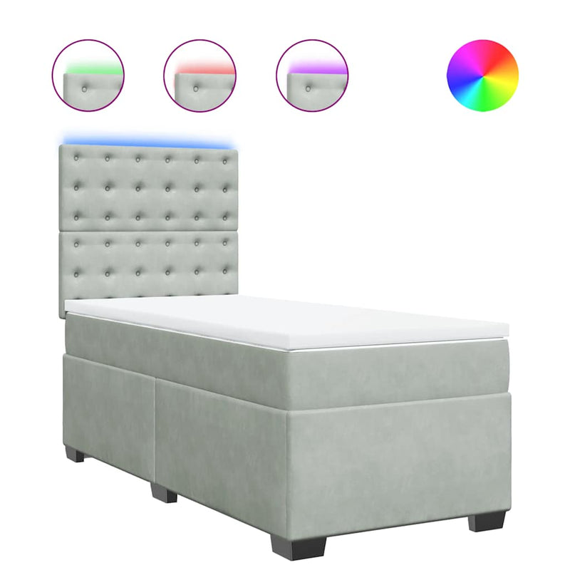 Pat box spring cu saltea, gri deschis, 90x190 cm, catifea