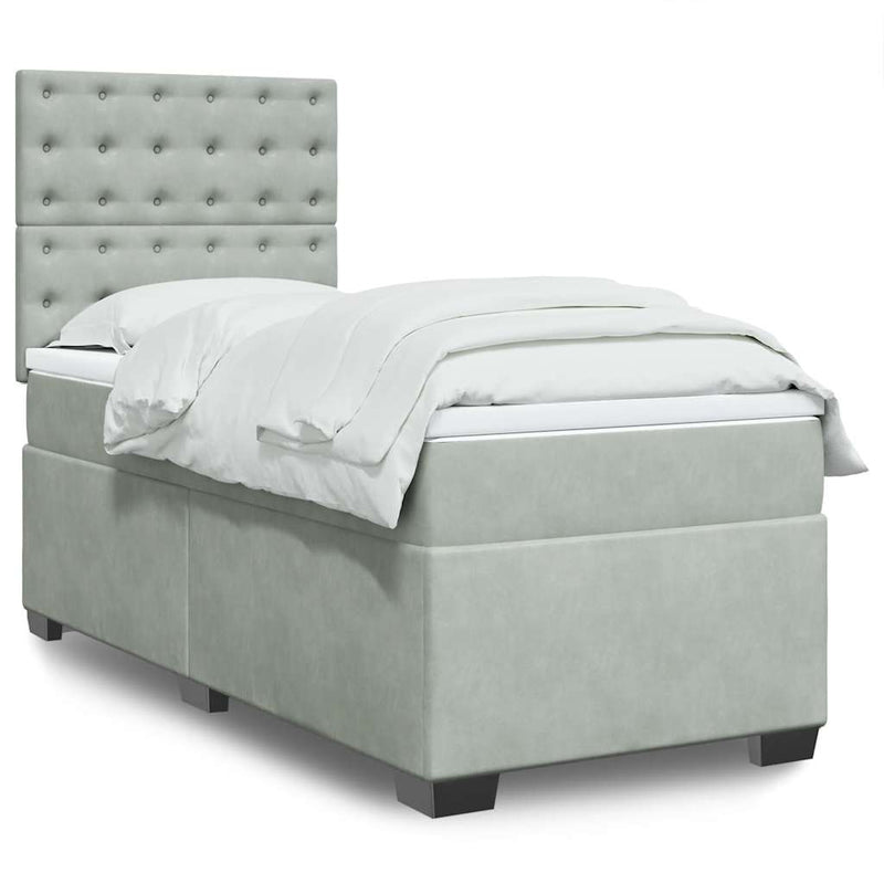 Pat box spring cu saltea, gri deschis, 90x190 cm, catifea