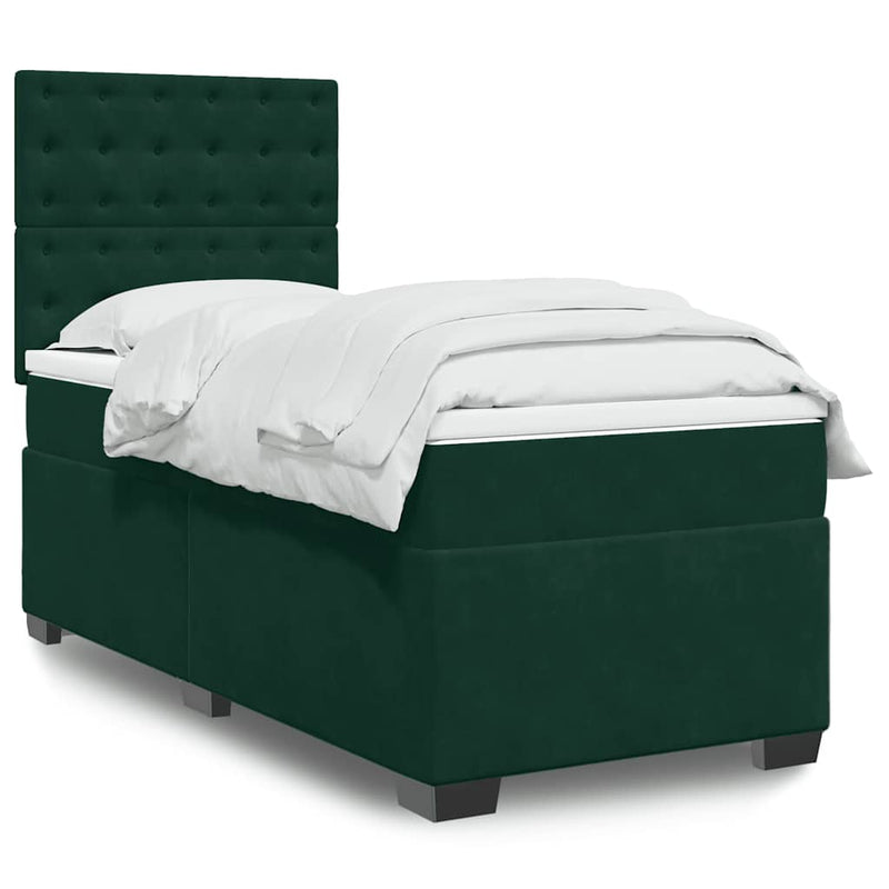 Pat box spring cu saltea, verde închis, 90x190 cm, catifea