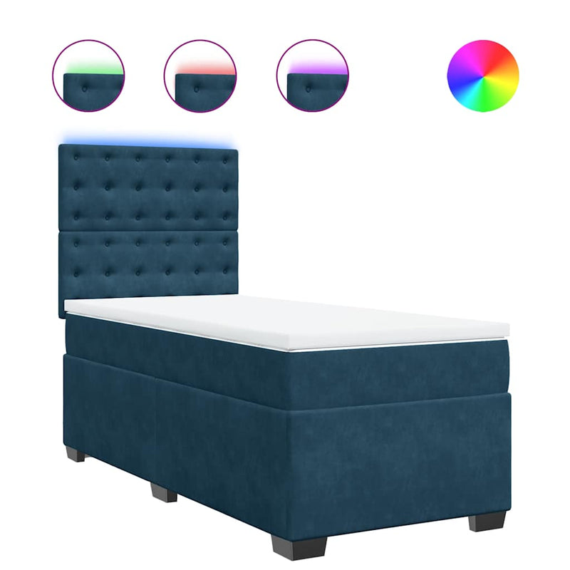 Pat box spring cu saltea, albastru, 90x190 cm, catifea