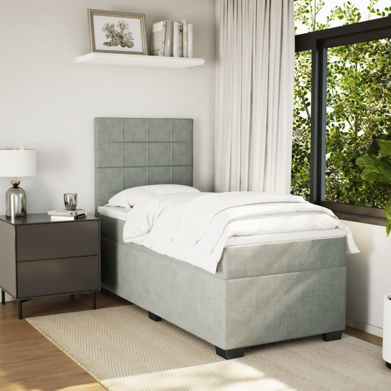 Pat box spring cu saltea, gri deschis, 90x200 cm, catifea