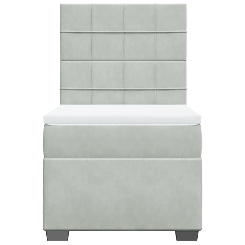 Pat box spring cu saltea, gri deschis, 90x200 cm, catifea