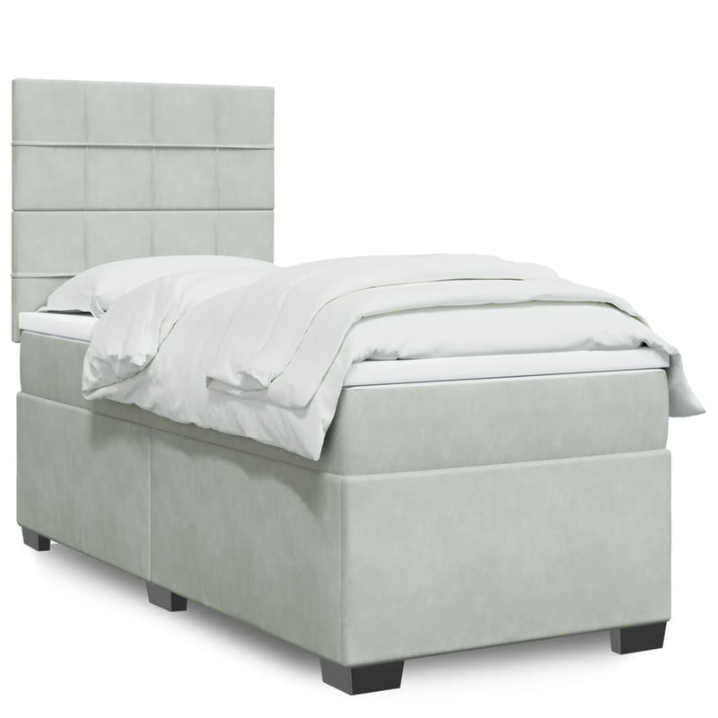 Pat box spring cu saltea, gri deschis, 90x200 cm, catifea