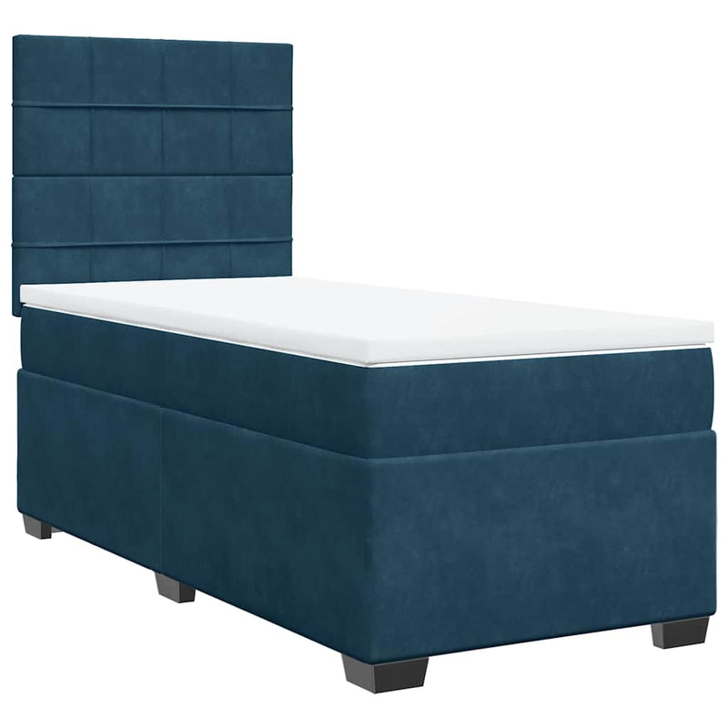 Pat box spring cu saltea, albastru, 90x200 cm, catifea