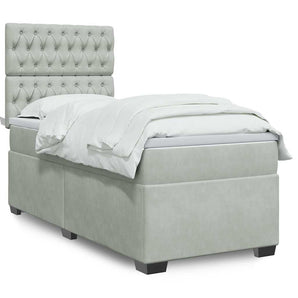 Pat box spring cu saltea, gri deschis, 90x200 cm, catifea
