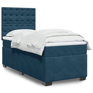 Pat box spring cu saltea, albastru, 90x200 cm, catifea