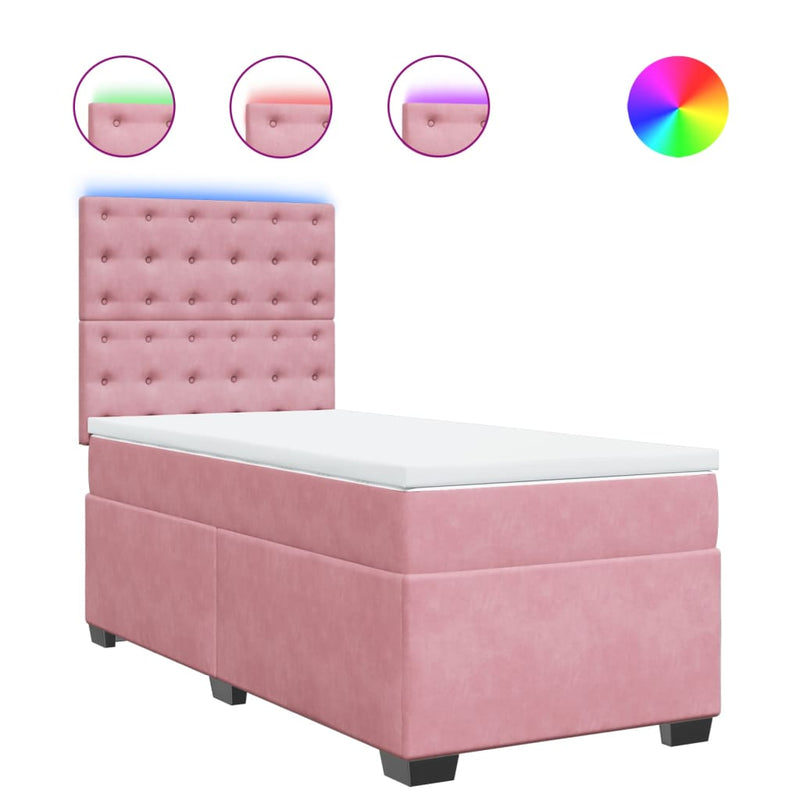 Pat box spring cu saltea, roz, 90x200 cm, catifea