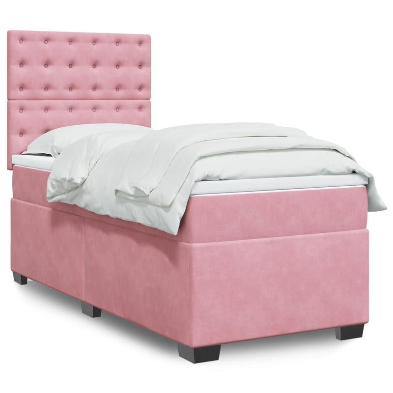 Pat box spring cu saltea, roz, 90x200 cm, catifea